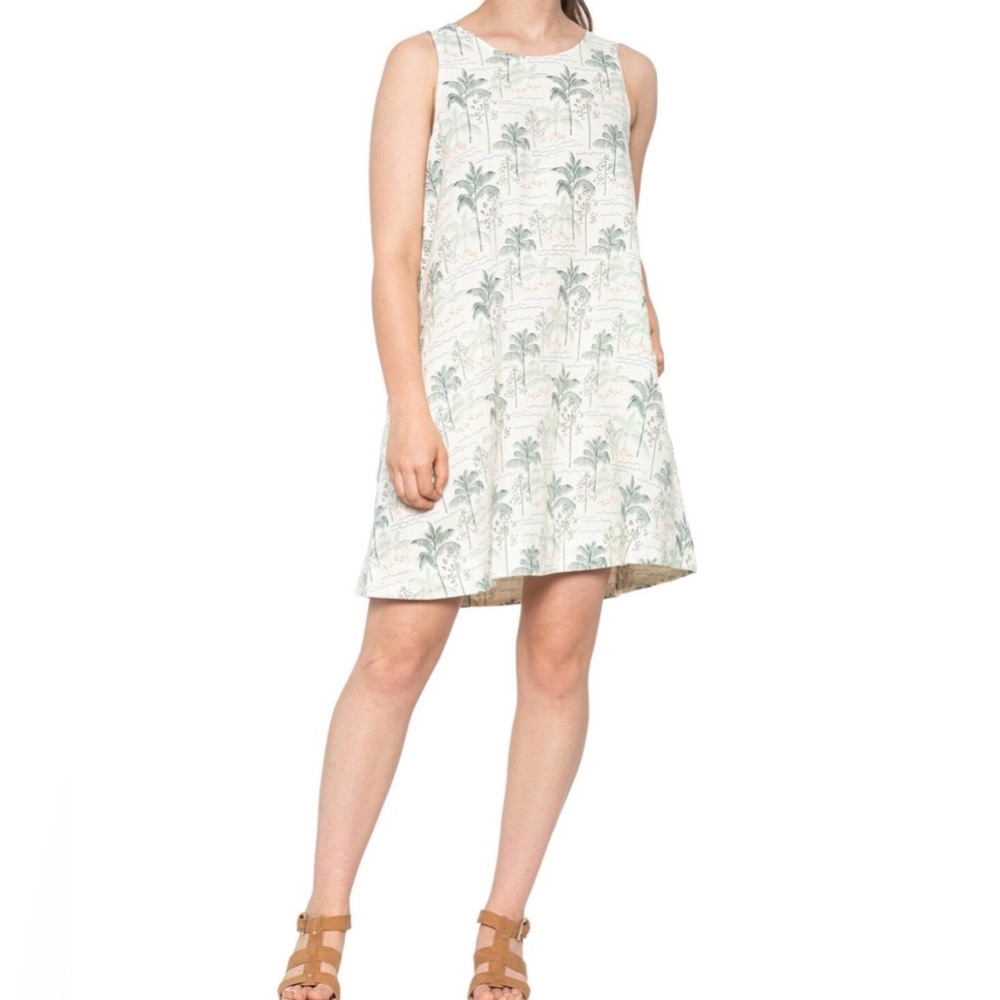 C&C California Trapeze Sleeveless Shirt Dress Linen Bali Palm Size S Pockets